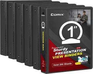 COMIX Sturdy 3 Ring Binder 1 inch with Clear View Cover, 1" Round Ring View Binder, PVC-Free, 200 Sheets Capacity of US Letter Size Paper, Office ＆ School Supplies, 6 Pack (Black)