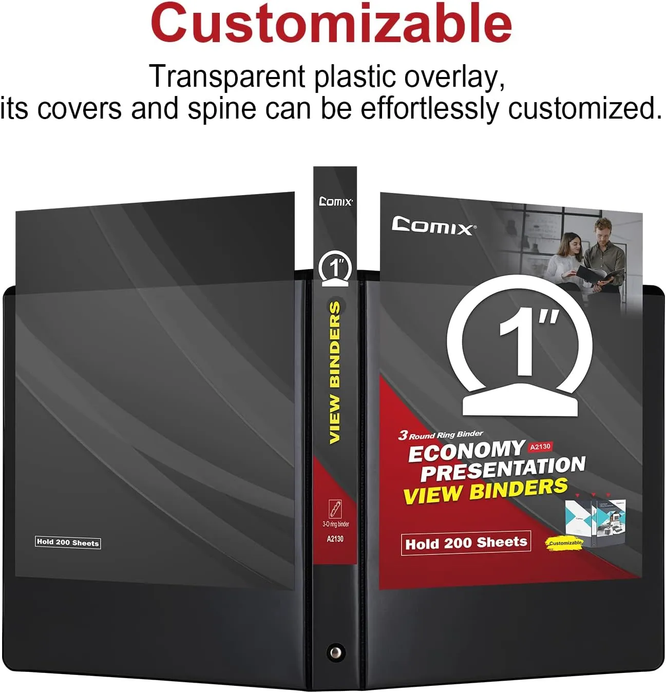 COMIX Sturdy 3 Ring Binder 1 inch with Clear View Cover, 1" Round Ring View Binder, PVC-Free, 200 Sheets Capacity of US Letter Size Paper, Office ＆ School Supplies, 6 Pack (Black)