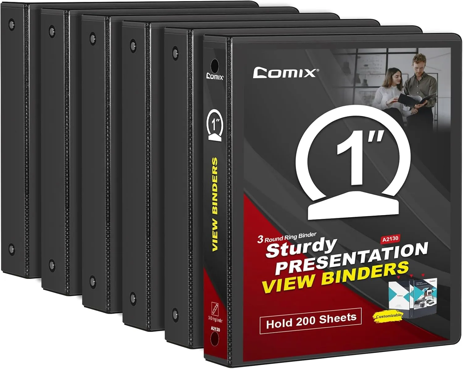 COMIX Sturdy 3 Ring Binder 1 inch with Clear View Cover, 1" Round Ring View Binder, PVC-Free, 200 Sheets Capacity of US Letter Size Paper, Office ＆ School Supplies, 6 Pack (Black)