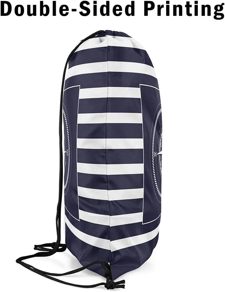 Compass Drawstring Backpack Blue Purple White Geometric Grid Stripes Water Resistant Gym Sack for Men Women Nautical Sailing Theme Modern Simple Sports Sackpack for Trip Travel 13"x16"