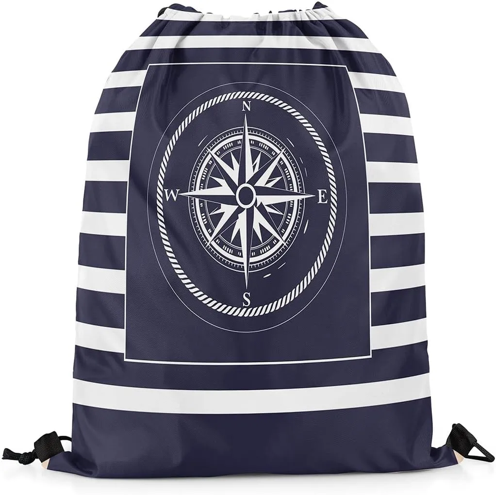Compass Drawstring Backpack Blue Purple White Geometric Grid Stripes Water Resistant Gym Sack for Men Women Nautical Sailing Theme Modern Simple Sports Sackpack for Trip Travel 13"x16"