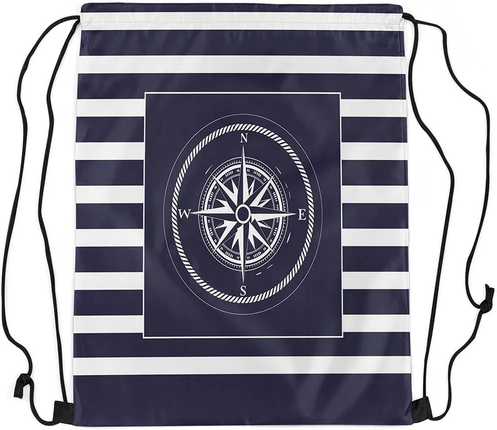 Compass Drawstring Backpack Blue Purple White Geometric Grid Stripes Water Resistant Gym Sack for Men Women Nautical Sailing Theme Modern Simple Sports Sackpack for Trip Travel 13"x16"