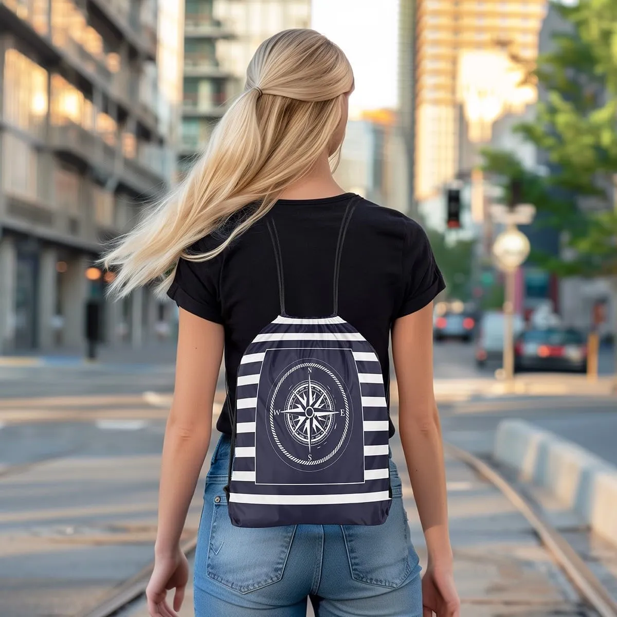 Compass Drawstring Backpack Blue Purple White Geometric Grid Stripes Water Resistant Gym Sack for Men Women Nautical Sailing Theme Modern Simple Sports Sackpack for Trip Travel 13"x16"