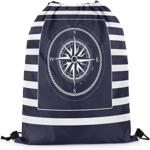 Compass Drawstring Backpack Blue Purple White Geometric Grid Stripes Water Resistant Gym Sack for Men Women Nautical Sailing Theme Modern Simple Sports Sackpack for Trip Travel 13"x16"