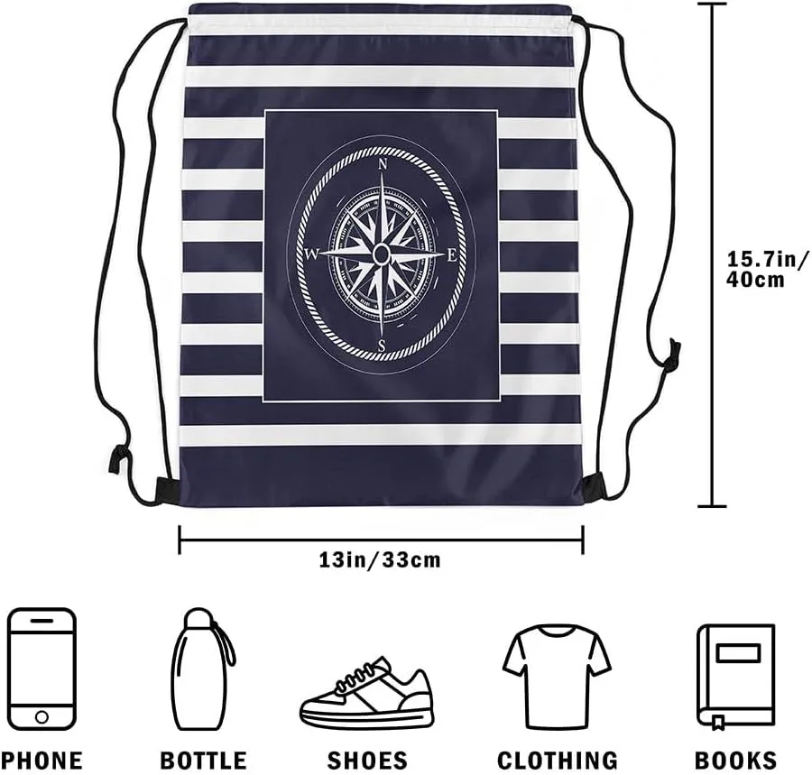 Compass Drawstring Backpack Blue Purple White Geometric Grid Stripes Water Resistant Gym Sack for Men Women Nautical Sailing Theme Modern Simple Sports Sackpack for Trip Travel 13"x16"