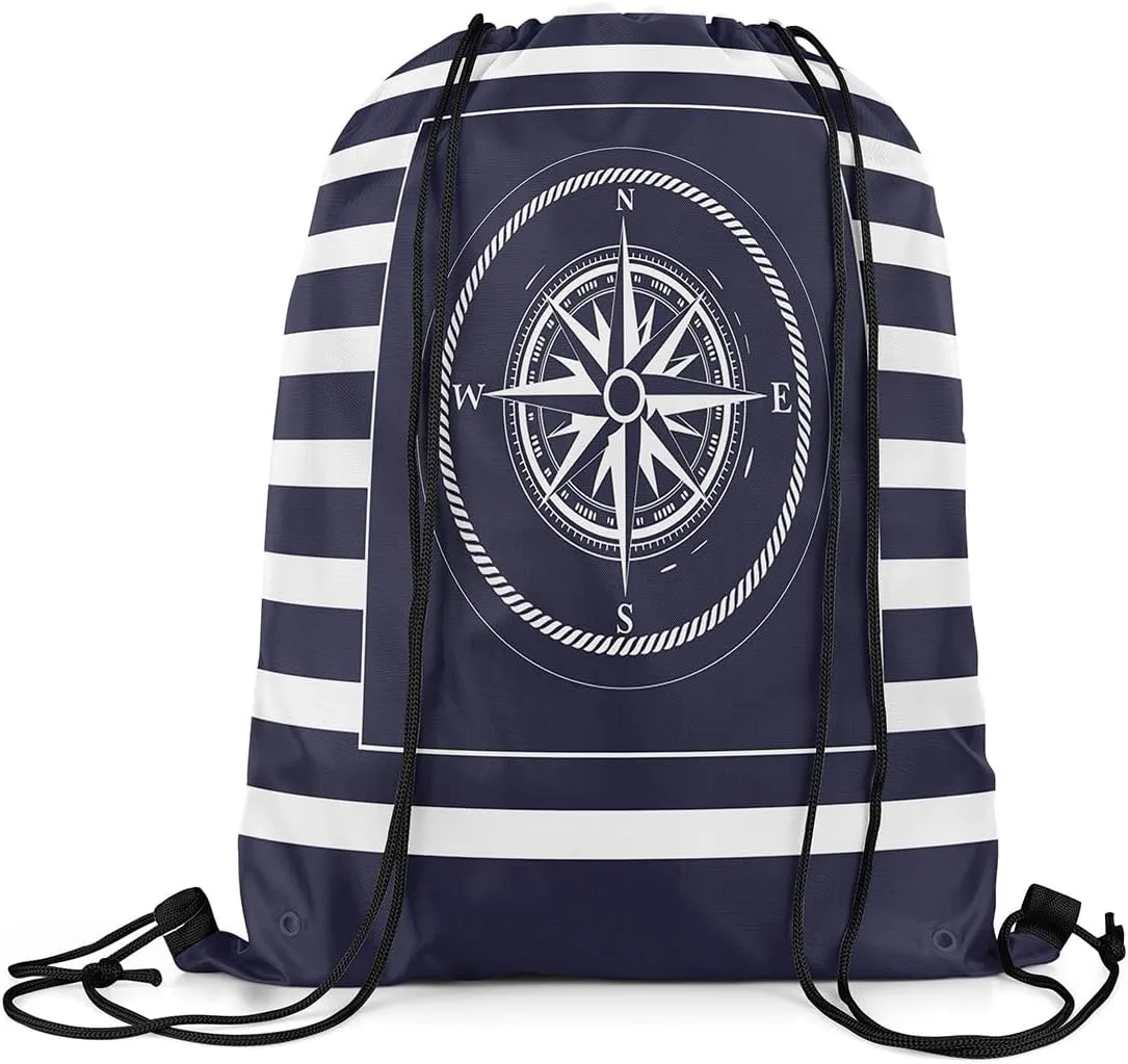 Compass Drawstring Backpack Blue Purple White Geometric Grid Stripes Water Resistant Gym Sack for Men Women Nautical Sailing Theme Modern Simple Sports Sackpack for Trip Travel 13"x16"