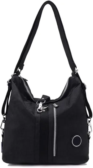 Convertible Backpack for Women Fashion Shoulder Handbag Purses Waterproof Nylon Crossbody Bag (Black)