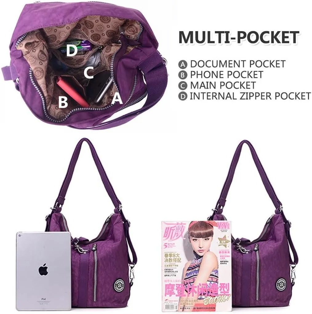 Convertible Backpack for Women Fashion Shoulder Handbag Purses Waterproof Nylon Crossbody Bag (Black)