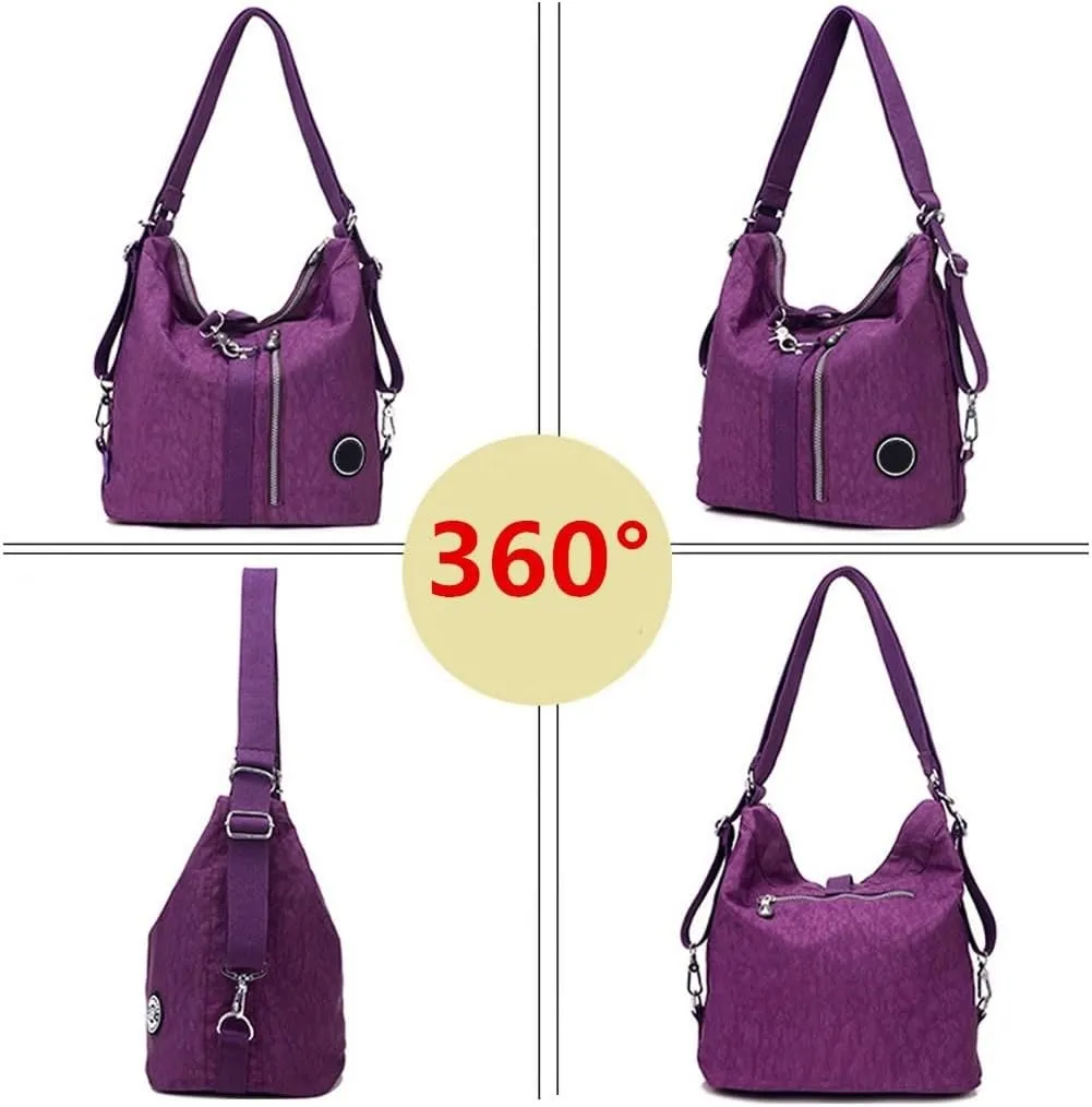 Convertible Backpack for Women Fashion Shoulder Handbag Purses Waterproof Nylon Crossbody Bag (Black)