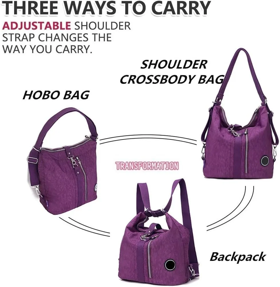 Convertible Backpack for Women Fashion Shoulder Handbag Purses Waterproof Nylon Crossbody Bag (Black)