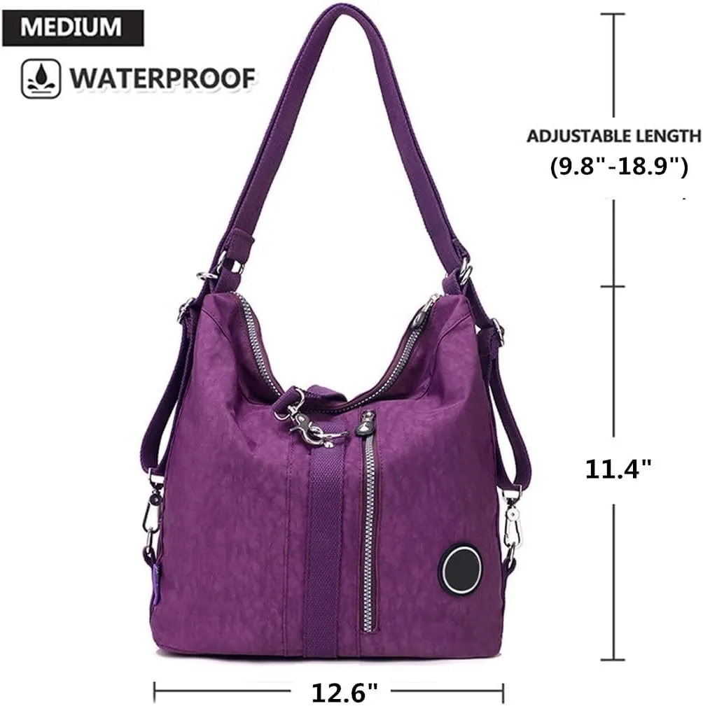 Convertible Backpack for Women Fashion Shoulder Handbag Purses Waterproof Nylon Crossbody Bag (Black)