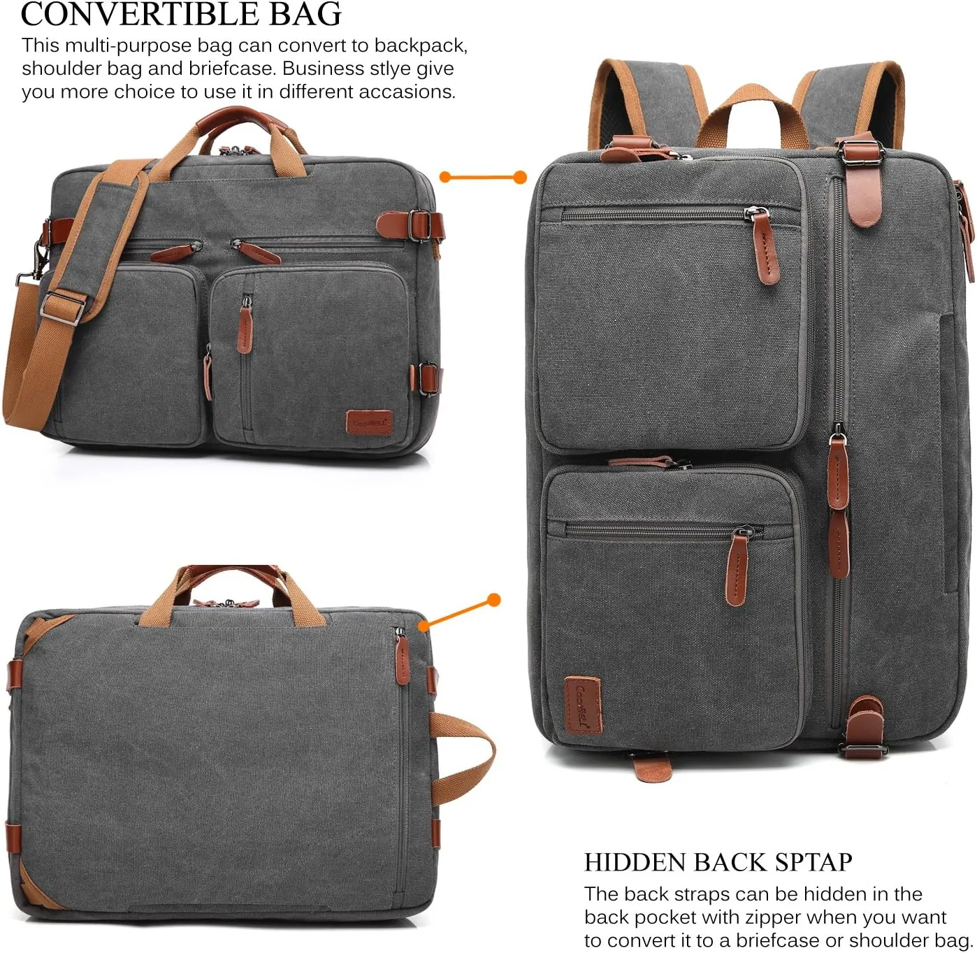 Convertible Backpack Messenger Shoulder Bag Laptop Case Business Briefcase Multi-Functional Travel Handbag Fits 17.3 Inch Laptop for Men/Women (Canvas Dark Grey)