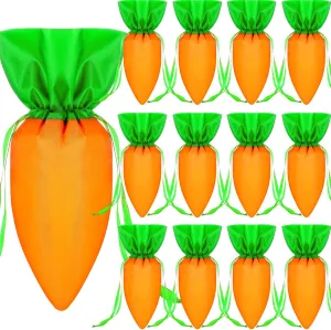 Cosblank 12 Pcs Easter Carrot Drawstring Gift Bag 7.9 x 15 Inch Easter Basket Stuffers Fabric Drawstring Candy Goodie Treat Bags Velvet Pouch for Spring Egg Hunt Outdoor Party Favor Supplies