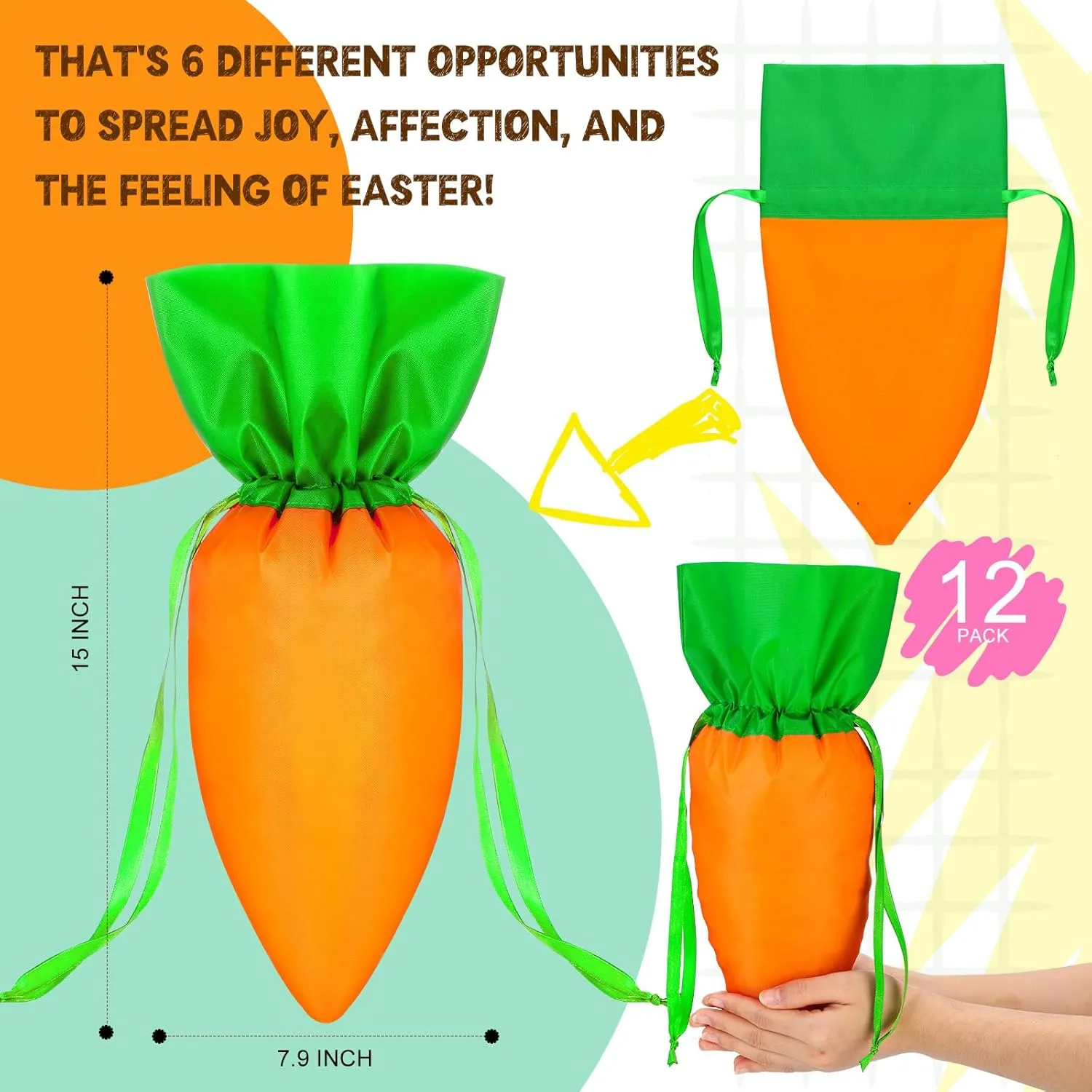 Cosblank 12 Pcs Easter Carrot Drawstring Gift Bag 7.9 x 15 Inch Easter Basket Stuffers Fabric Drawstring Candy Goodie Treat Bags Velvet Pouch for Spring Egg Hunt Outdoor Party Favor Supplies