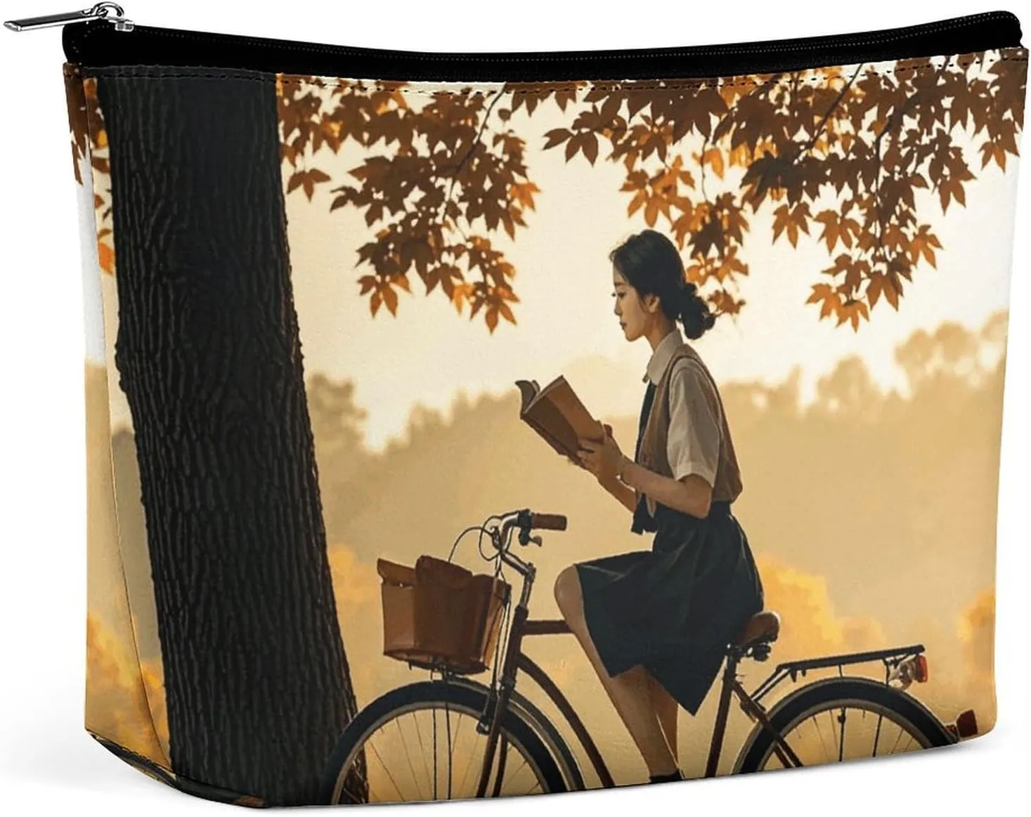 Cosmetic Bag Makeup Bags for Women Portable Makeup Bag Silhouette of A Women on A Bicycle in The Fall Makeup Case Travel Toiletry Bag for Travel Accessories