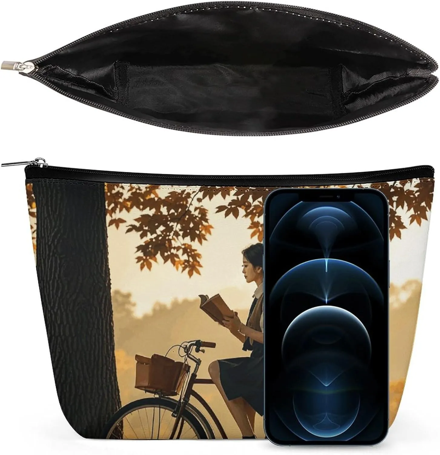Cosmetic Bag Makeup Bags for Women Portable Makeup Bag Silhouette of A Women on A Bicycle in The Fall Makeup Case Travel Toiletry Bag for Travel Accessories