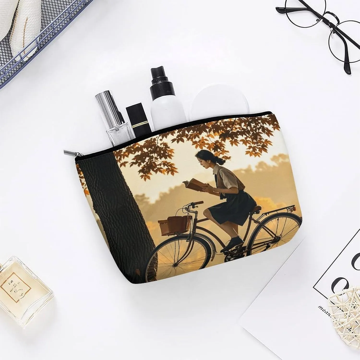 Cosmetic Bag Makeup Bags for Women Portable Makeup Bag Silhouette of A Women on A Bicycle in The Fall Makeup Case Travel Toiletry Bag for Travel Accessories