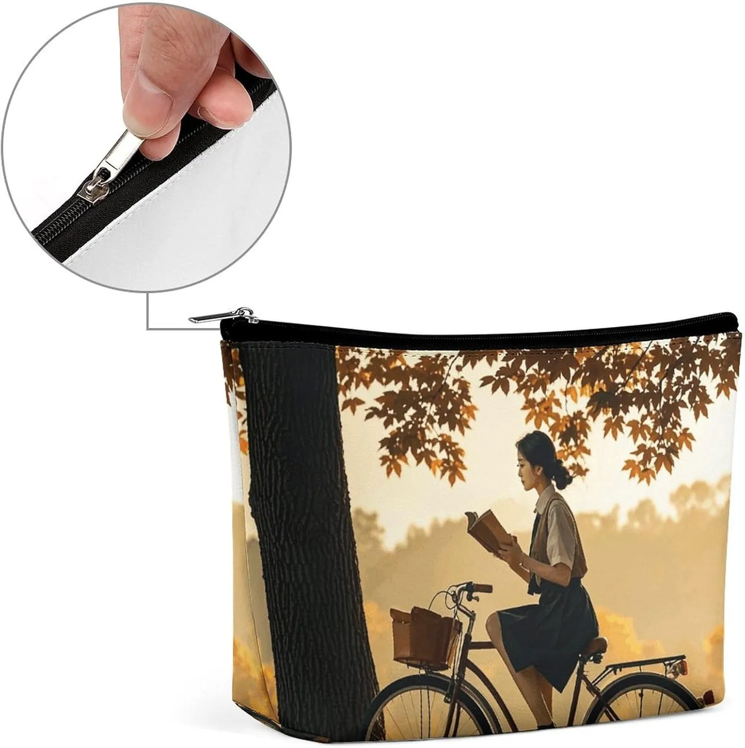 Cosmetic Bag Makeup Bags for Women Portable Makeup Bag Silhouette of A Women on A Bicycle in The Fall Makeup Case Travel Toiletry Bag for Travel Accessories