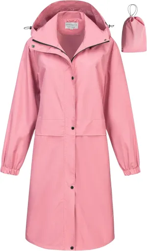 CREATMO US Women's Long Waterproof Rain Coats Lightweight Rain Jacket Packable Windbreaker with Removable Hood