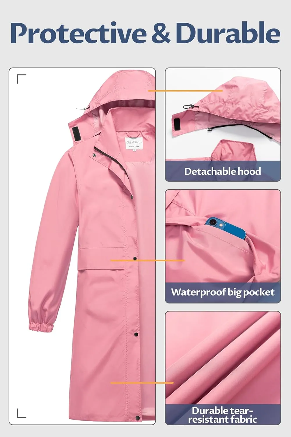 CREATMO US Women's Long Waterproof Rain Coats Lightweight Rain Jacket Packable Windbreaker with Removable Hood