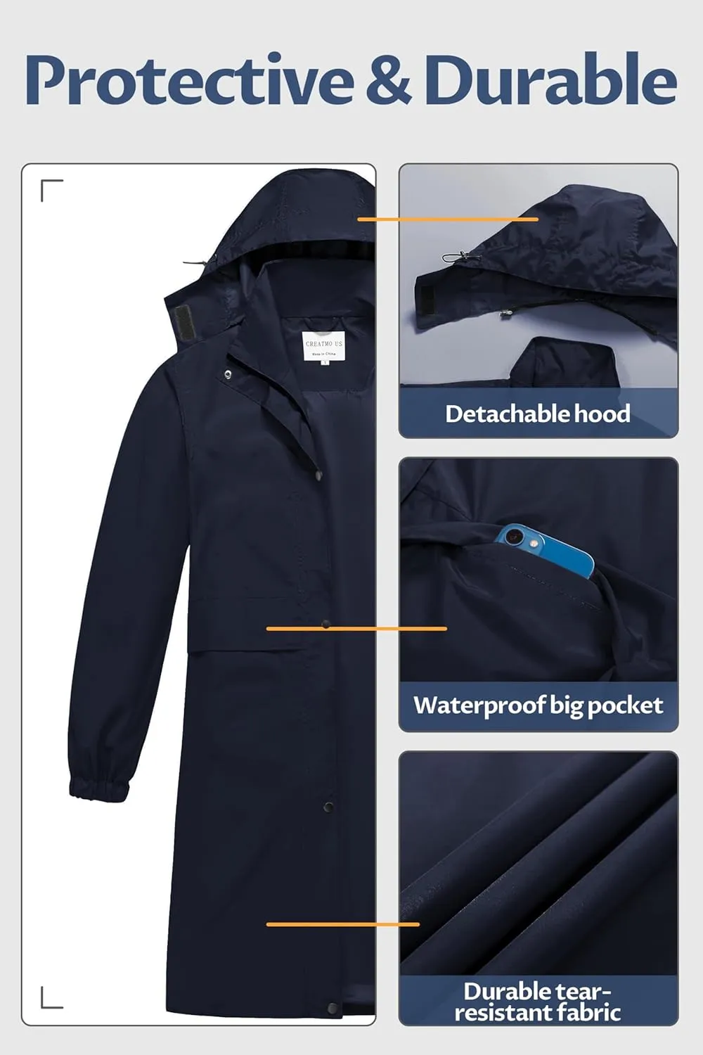 CREATMO US Women's Long Waterproof Rain Coats Lightweight Rain Jacket Packable Windbreaker with Removable Hood