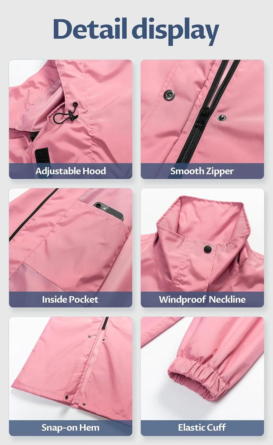 CREATMO US Women's Long Waterproof Rain Coats Lightweight Rain Jacket Packable Windbreaker with Removable Hood