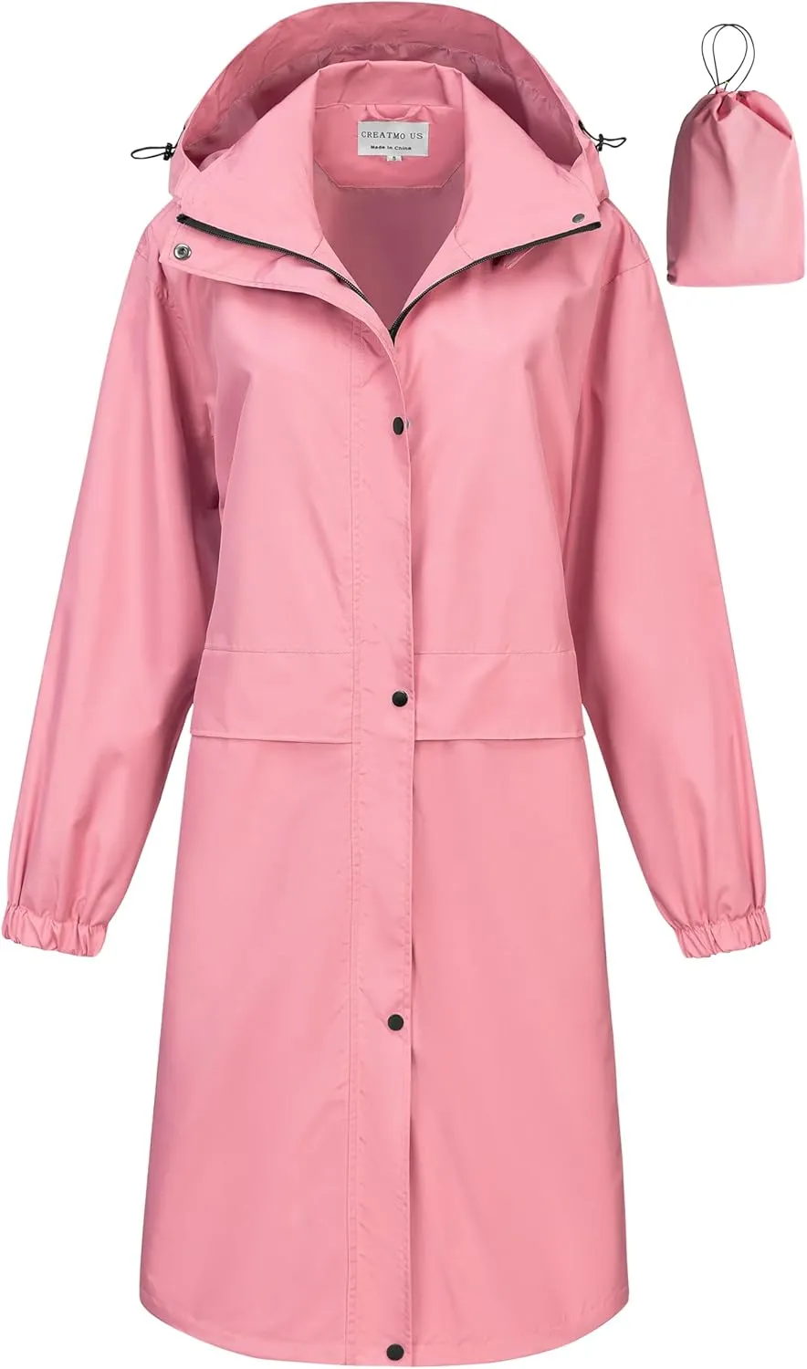 CREATMO US Women's Long Waterproof Rain Coats Lightweight Rain Jacket Packable Windbreaker with Removable Hood