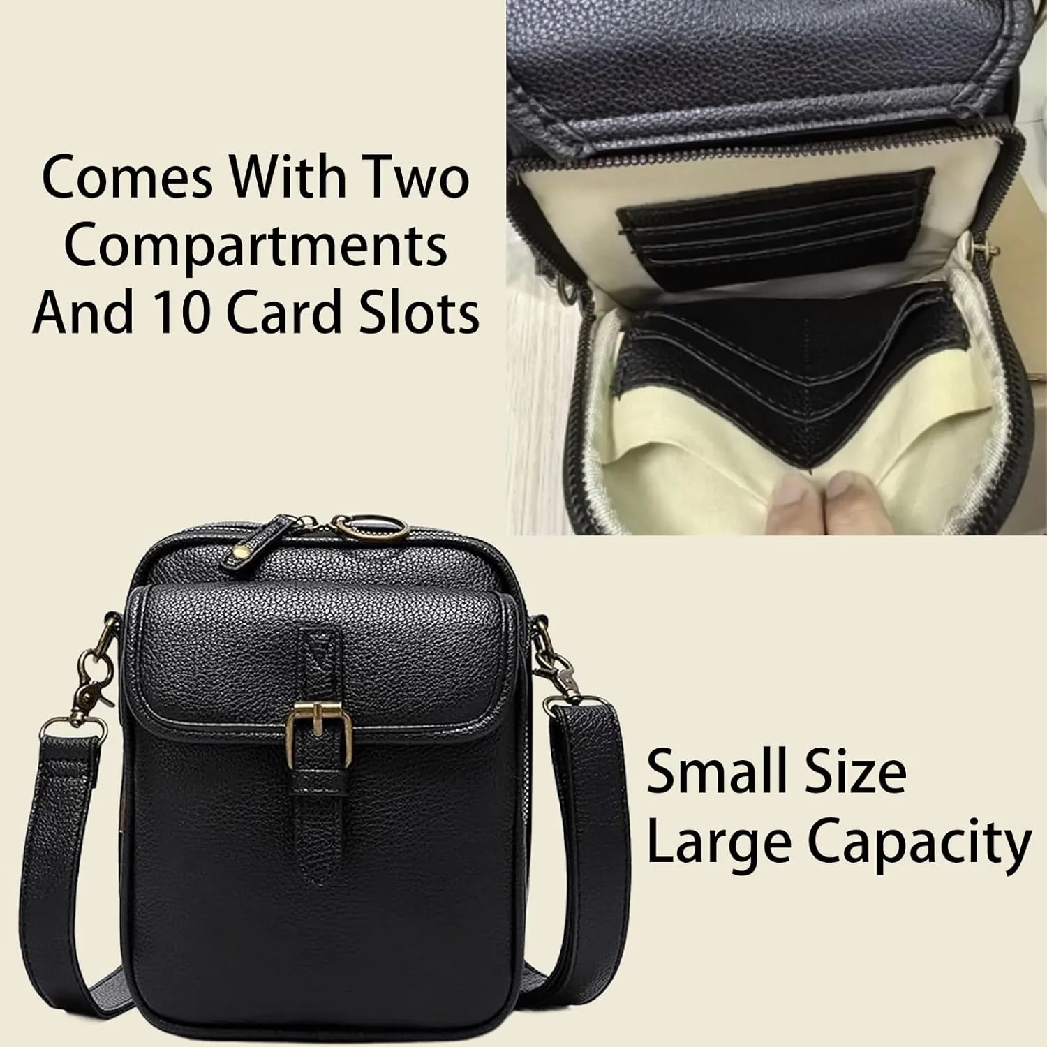 Crossbody Leather Bag, Vintage Vegan Leather Crossbody Messenger Bag with 10 Card Slots, Lightweight Shoulder Bags for Travel