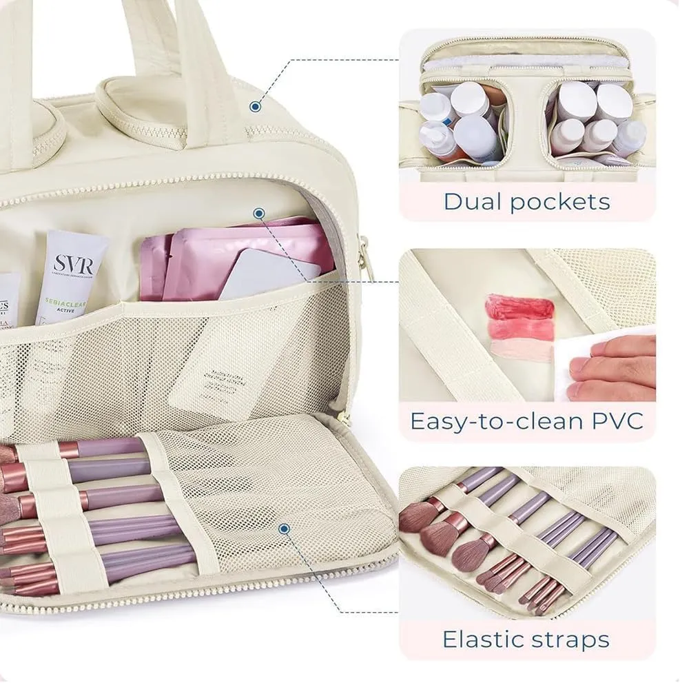 Cureaway Travel Cosmetic Bag, Curetoaway Large Capacity Wide-Open Travel Cosmetic Bag, 4-In-1 Puffy Multi-Functional Toiletry Bag for Women, Dry-and-Wet Separation with 4 Compartments (Pink)