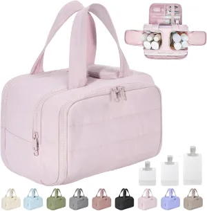 Cureaway Travel Cosmetic Bag, Curetoaway Large Capacity Wide-Open Travel Cosmetic Bag, 4-In-1 Puffy Multi-Functional Toiletry Bag for Women, Dry-and-Wet Separation with 4 Compartments (Pink)