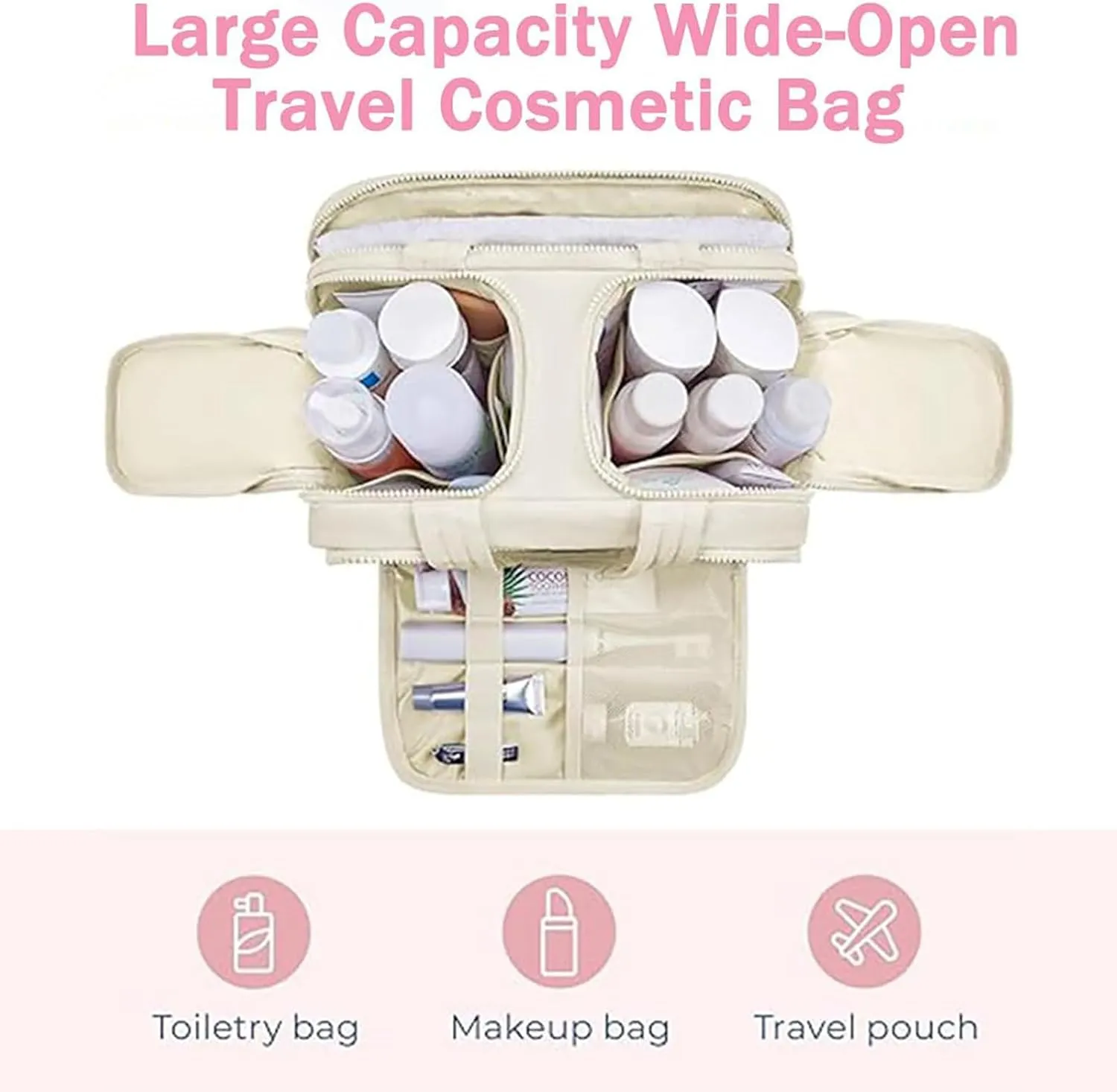 Cureaway Travel Cosmetic Bag, Curetoaway Large Capacity Wide-Open Travel Cosmetic Bag, 4-In-1 Puffy Multi-Functional Toiletry Bag for Women, Dry-and-Wet Separation with 4 Compartments (Pink)