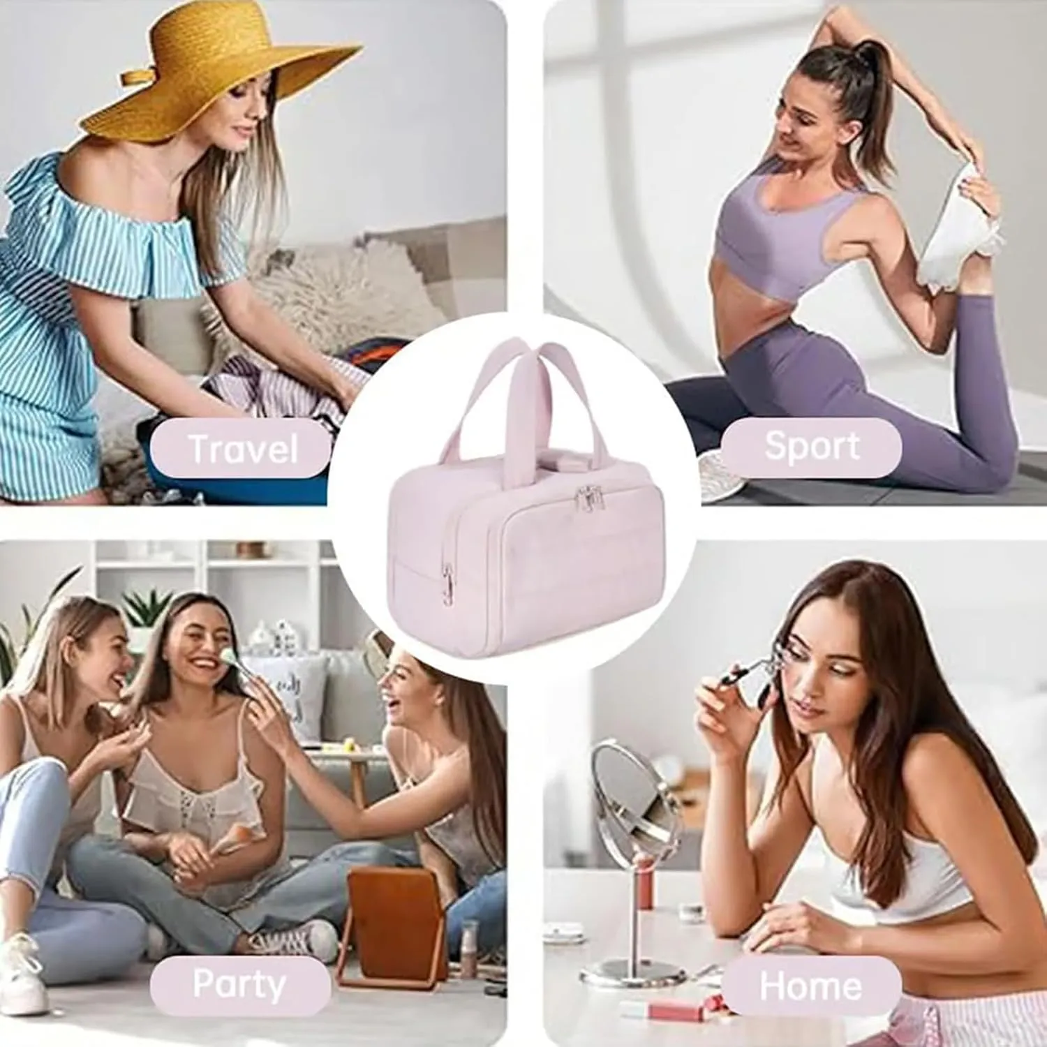 Cureaway Travel Cosmetic Bag, Curetoaway Large Capacity Wide-Open Travel Cosmetic Bag, 4-In-1 Puffy Multi-Functional Toiletry Bag for Women, Dry-and-Wet Separation with 4 Compartments (Pink)