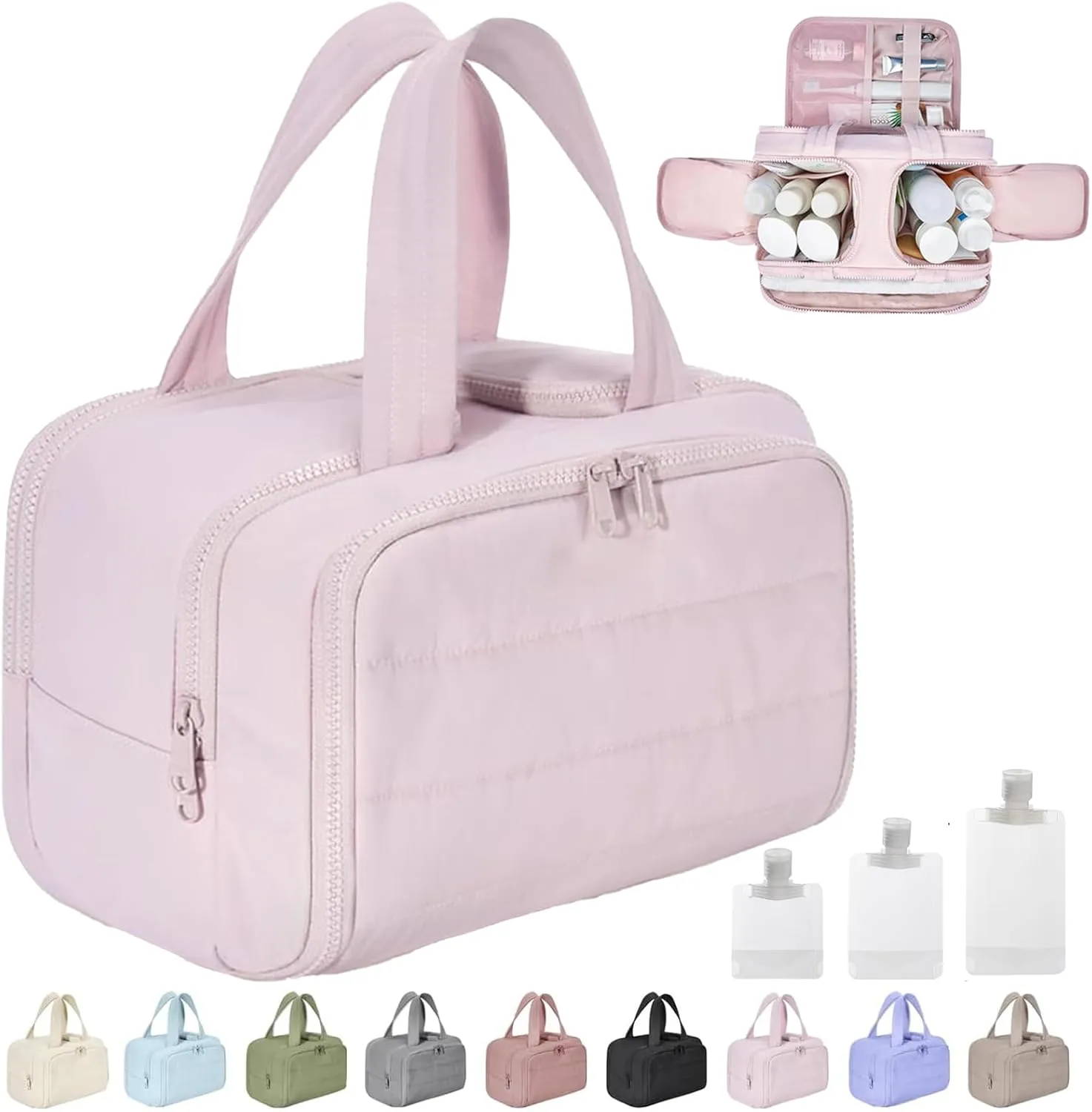 Cureaway Travel Cosmetic Bag, Curetoaway Large Capacity Wide-Open Travel Cosmetic Bag, 4-In-1 Puffy Multi-Functional Toiletry Bag for Women, Dry-and-Wet Separation with 4 Compartments (Pink)