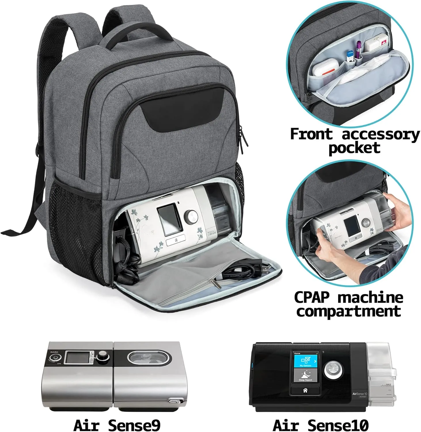 CURMIO CPAP Backpack, CPAP Travel Bag Compatible for ResMed AirSense 9, AirSense 10, AirSense 11, Philips System One, Gray (Bag Only, Patented Design)