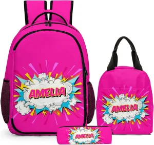 Custom Backpack for Boys, Lightweight Backpack Set with Lunch Bag and Pencil Case 3 pcs, Schoolbag for Elementary Junior High Students 6-8 10-12 14-16, Comic Pink
