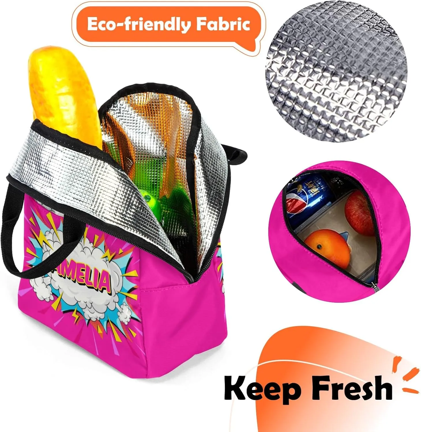 Custom Backpack for Boys, Lightweight Backpack Set with Lunch Bag and Pencil Case 3 pcs, Schoolbag for Elementary Junior High Students 6-8 10-12 14-16, Comic Pink