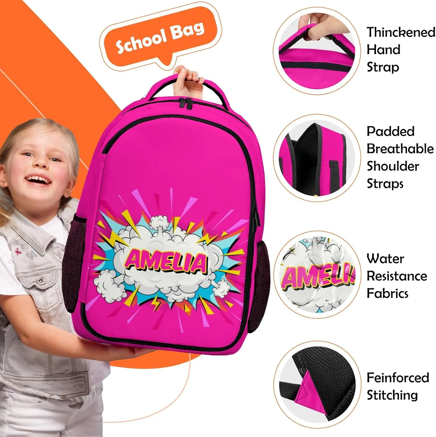 Custom Backpack for Boys, Lightweight Backpack Set with Lunch Bag and Pencil Case 3 pcs, Schoolbag for Elementary Junior High Students 6-8 10-12 14-16, Comic Pink