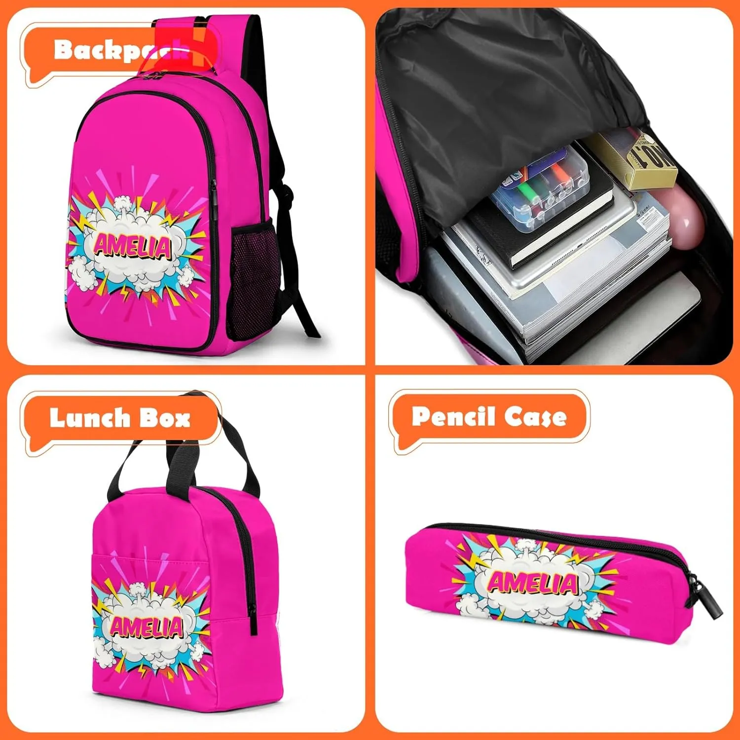 Custom Backpack for Boys, Lightweight Backpack Set with Lunch Bag and Pencil Case 3 pcs, Schoolbag for Elementary Junior High Students 6-8 10-12 14-16, Comic Pink