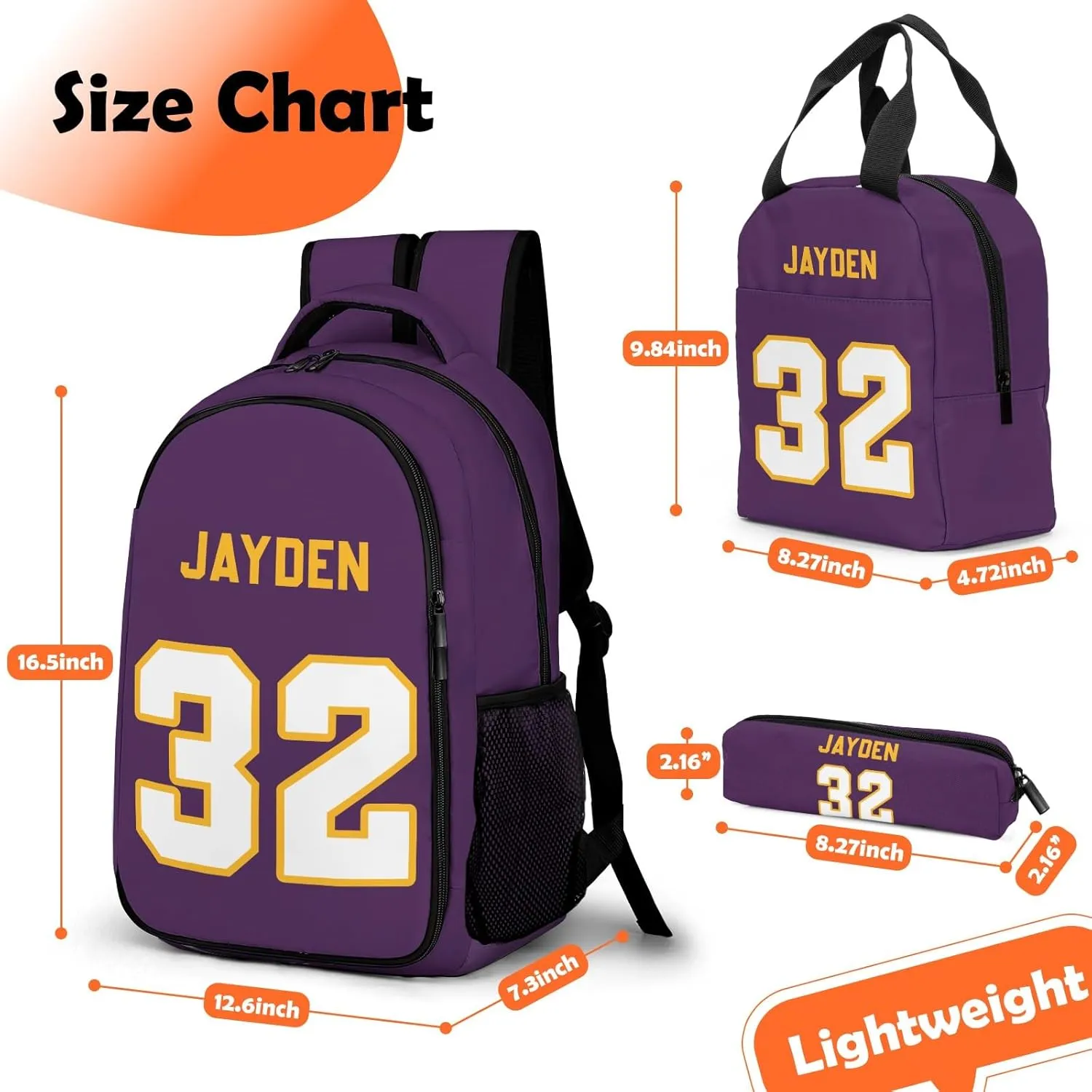 Custom Backpack for Boys, Lightweight Backpack Set with Lunch Bag and Pencil Case 3 pcs, Schoolbag for Elementary Junior High Students 6-8 10-12 14-16, Team Numbers