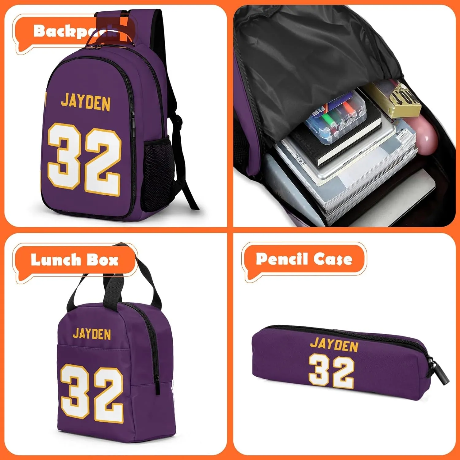 Custom Backpack for Boys, Lightweight Backpack Set with Lunch Bag and Pencil Case 3 pcs, Schoolbag for Elementary Junior High Students 6-8 10-12 14-16, Team Numbers