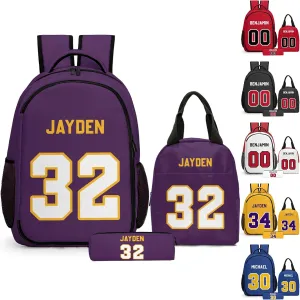 Custom Backpack for Boys, Lightweight Backpack Set with Lunch Bag and Pencil Case 3 pcs, Schoolbag for Elementary Junior High Students 6-8 10-12 14-16, Team Numbers