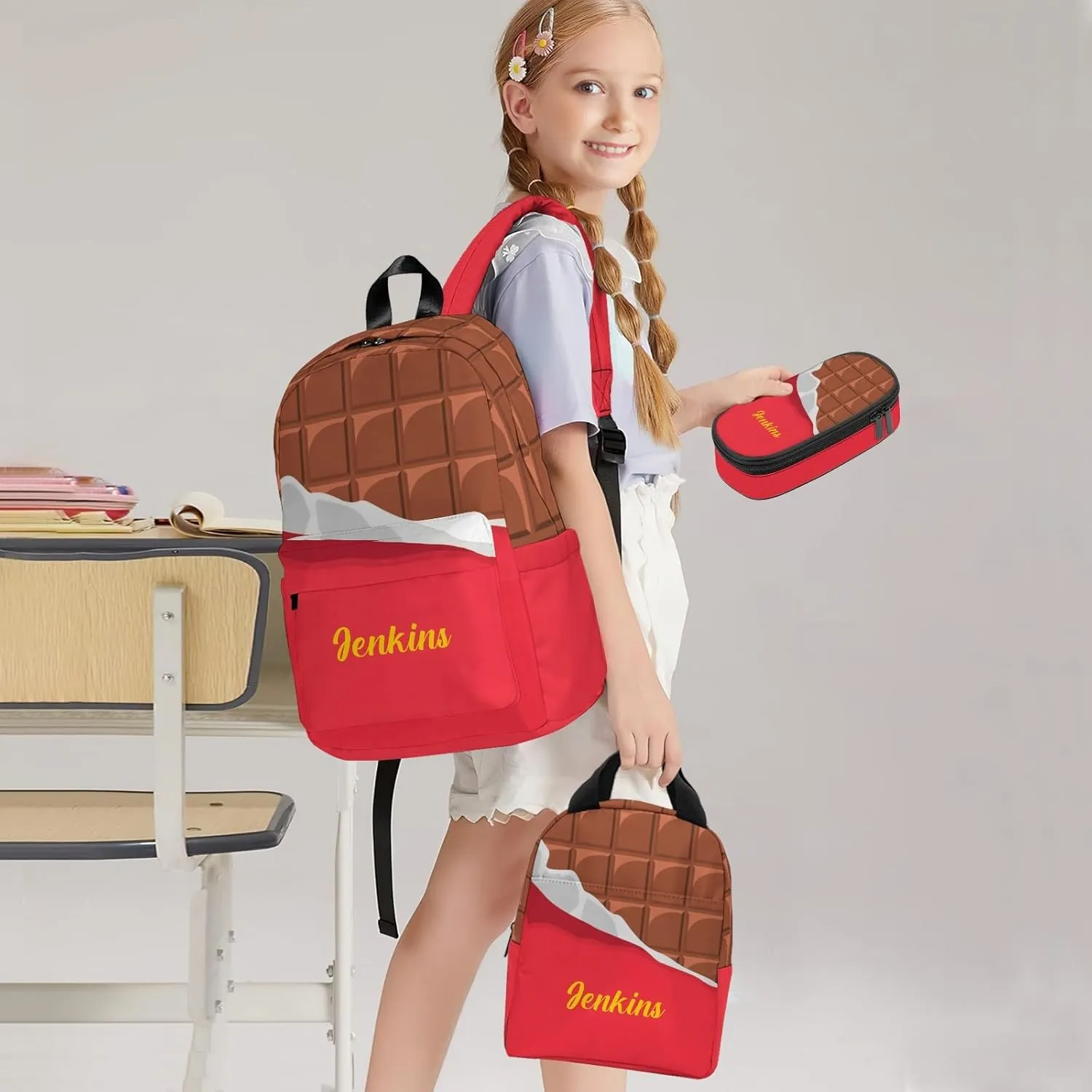 Custom Backpack for Girls, Lightweight Backpack Set with Lunch Bag and Pencil Case 3 pcs, Schoolbag for Elementary Junior High School Students 6-8 10-12 14-16, Chocolate