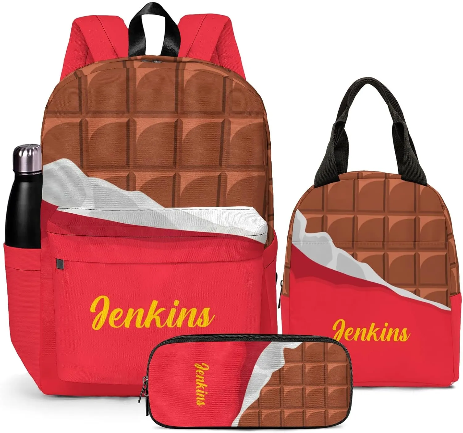 Custom Backpack for Girls, Lightweight Backpack Set with Lunch Bag and Pencil Case 3 pcs, Schoolbag for Elementary Junior High School Students 6-8 10-12 14-16, Chocolate