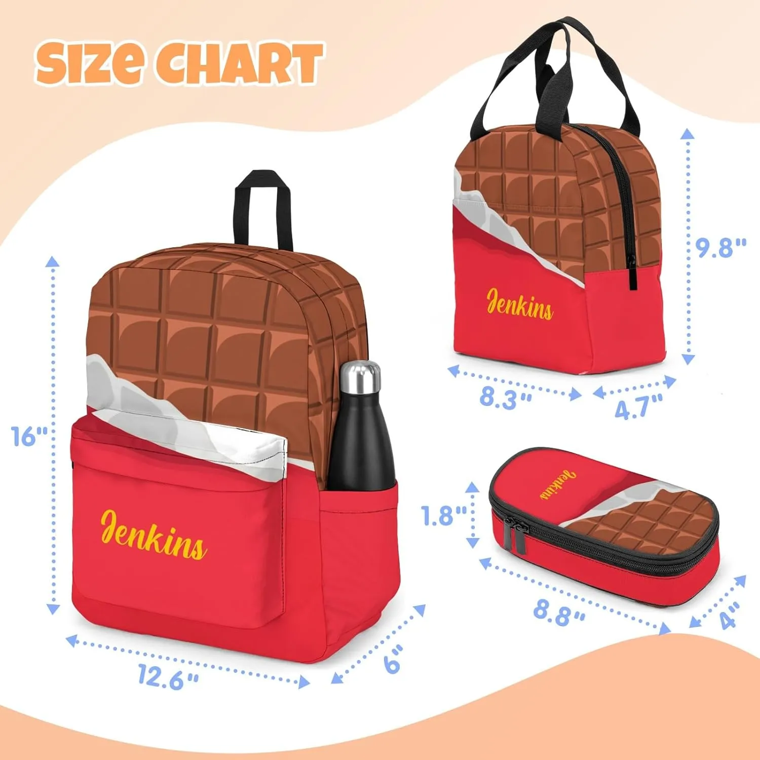 Custom Backpack for Girls, Lightweight Backpack Set with Lunch Bag and Pencil Case 3 pcs, Schoolbag for Elementary Junior High School Students 6-8 10-12 14-16, Chocolate