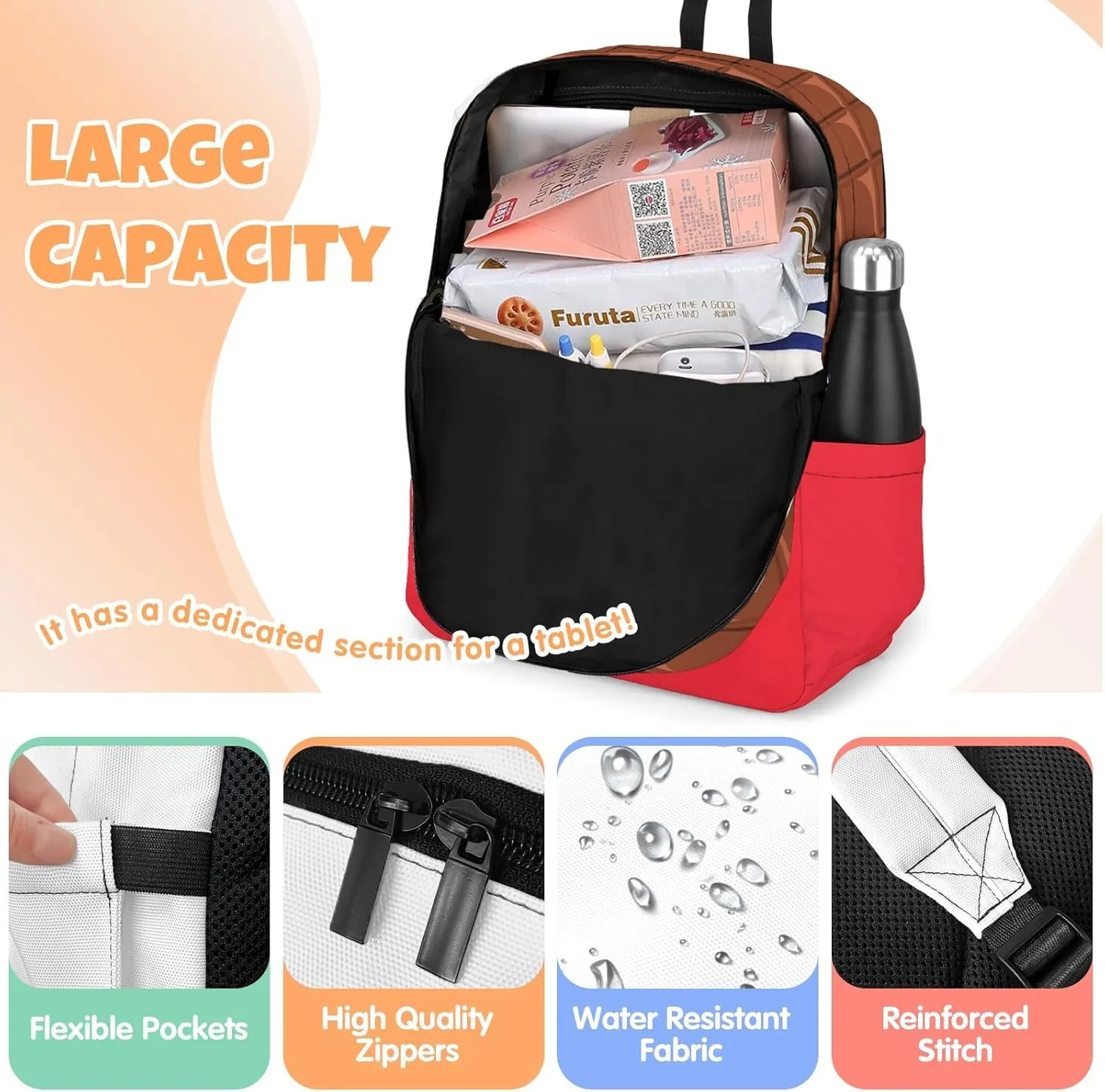 Custom Backpack for Girls, Lightweight Backpack Set with Lunch Bag and Pencil Case 3 pcs, Schoolbag for Elementary Junior High School Students 6-8 10-12 14-16, Chocolate
