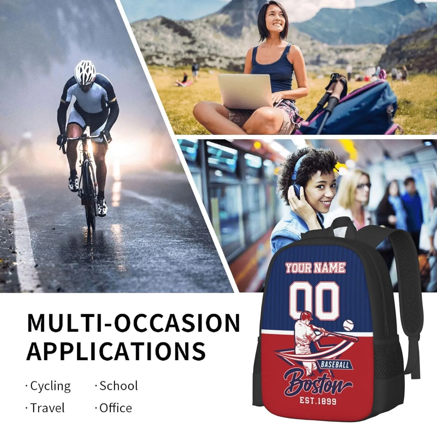 Custom Boston Backpack Gift for Men Women Boys Girls, Personalized Name Number Shoulder Bag for School Travel Daypack