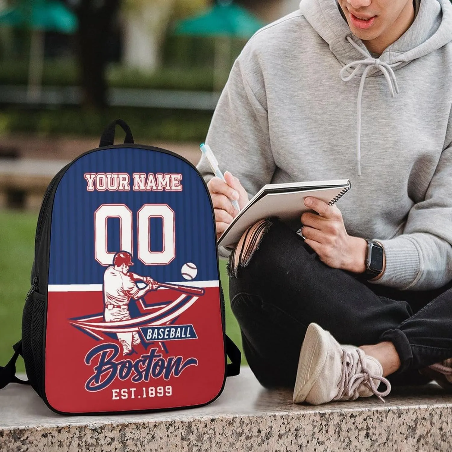 Custom Boston Backpack Gift for Men Women Boys Girls, Personalized Name Number Shoulder Bag for School Travel Daypack