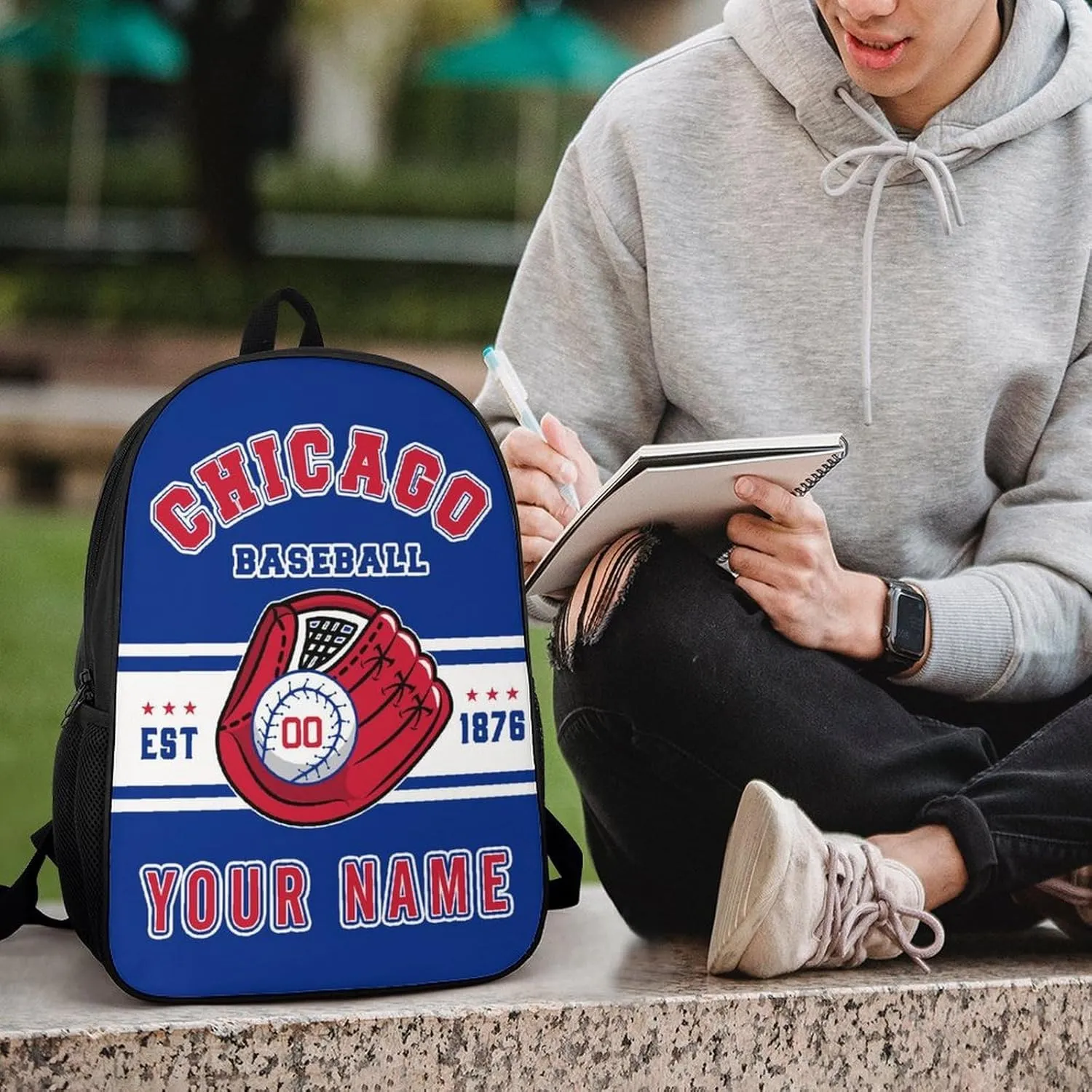 Custom Chicago C Backpack Gift for Men Women Boy, Personalized Name Number Shoulder Bag for School Travel Daypack