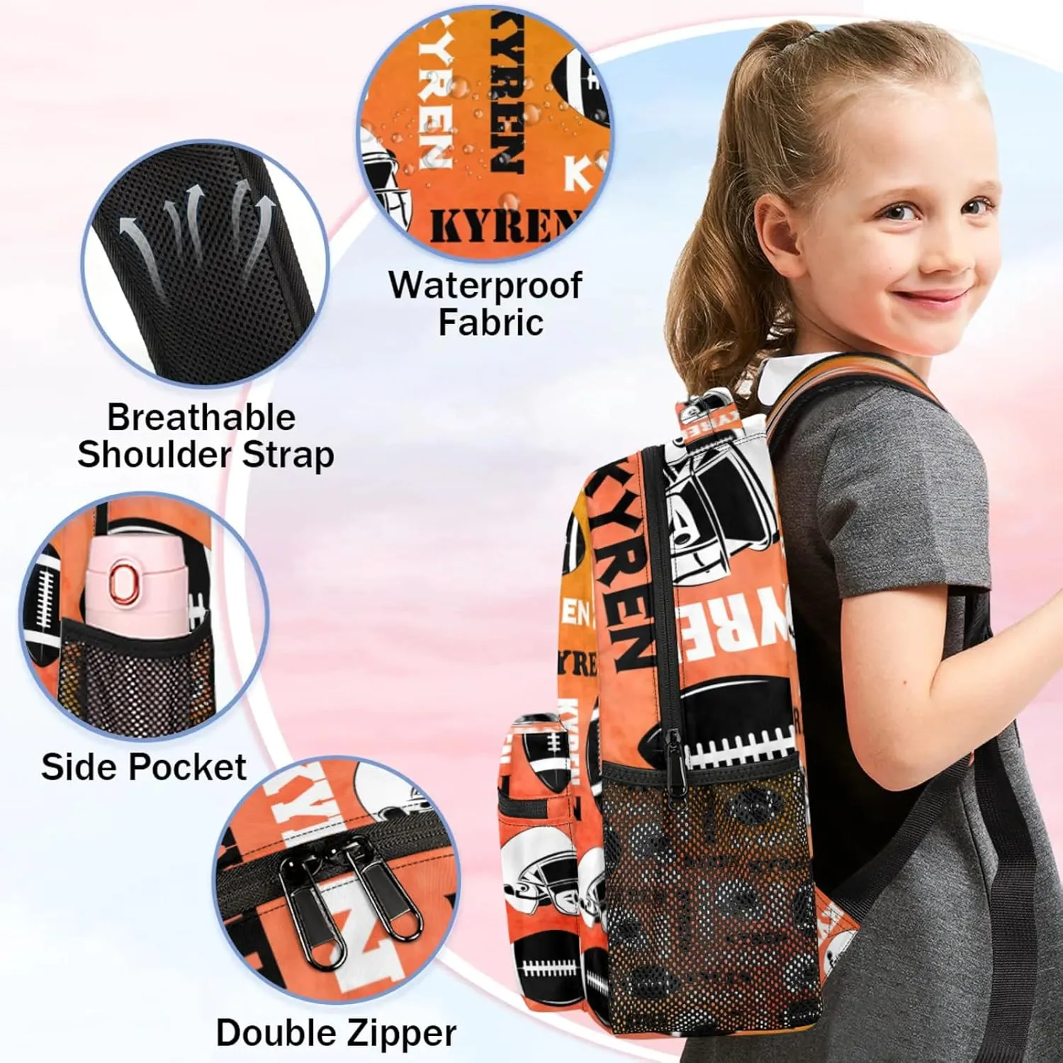 Custom Football Backpack for Men Women, Personalized Name Sports Bag Backpack, Laptop Backpacks Daypack for Travel Camping, Dark Orange