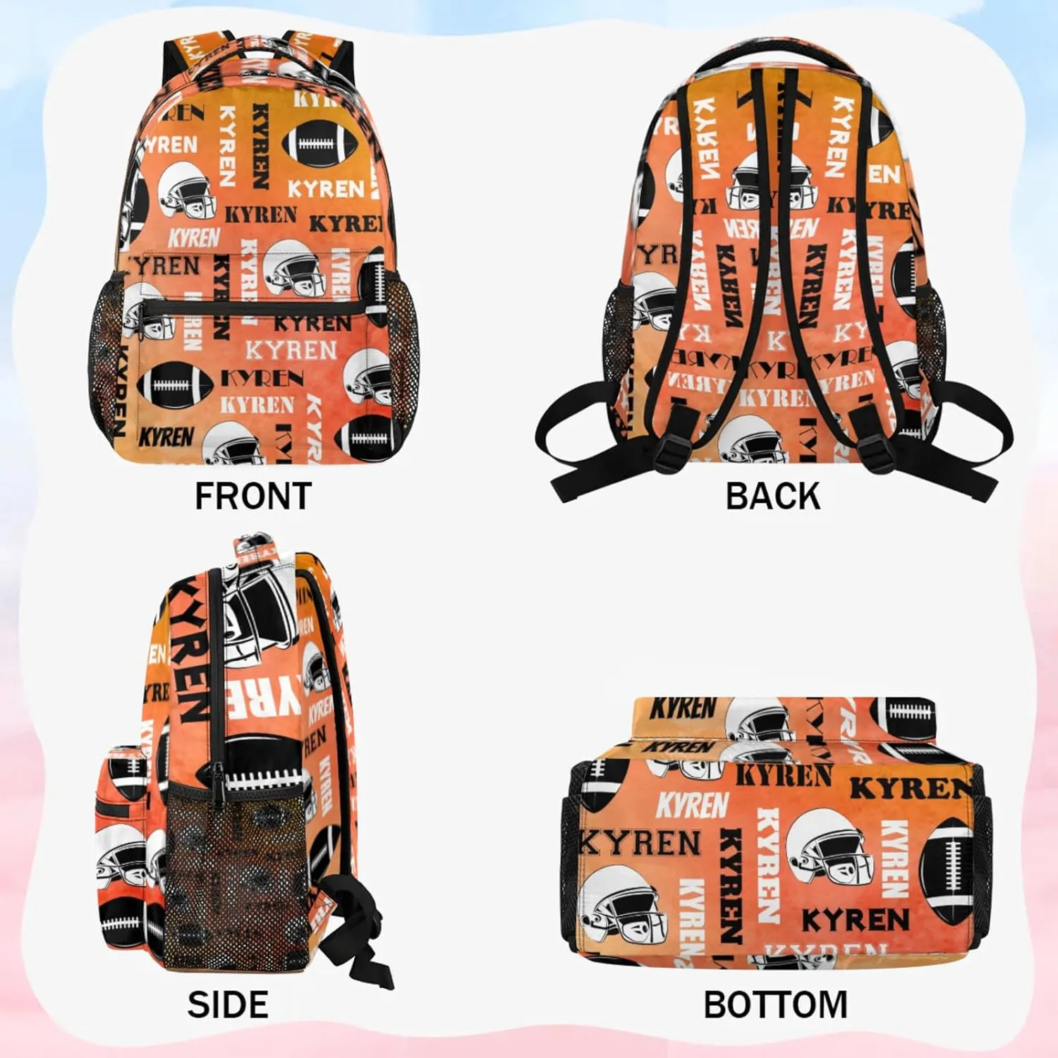 Custom Football Backpack for Men Women, Personalized Name Sports Bag Backpack, Laptop Backpacks Daypack for Travel Camping, Dark Orange